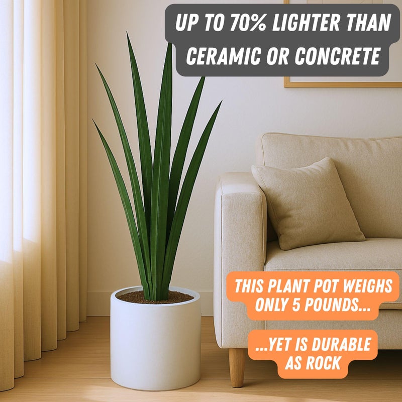 Fox & Fern 10 Inch Plant Pot with Drainage Plug â€” Premium Lightweight Fiberstone Matte White Planter - Indoor & Outdoor Planter - 10 Inch Pots for Plants Indoor - Weather & UV Resistant - Image 3